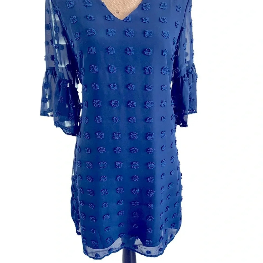 Navy Blue Textured Polka Dot Fully Lines Dress M - Picture 5 of 9